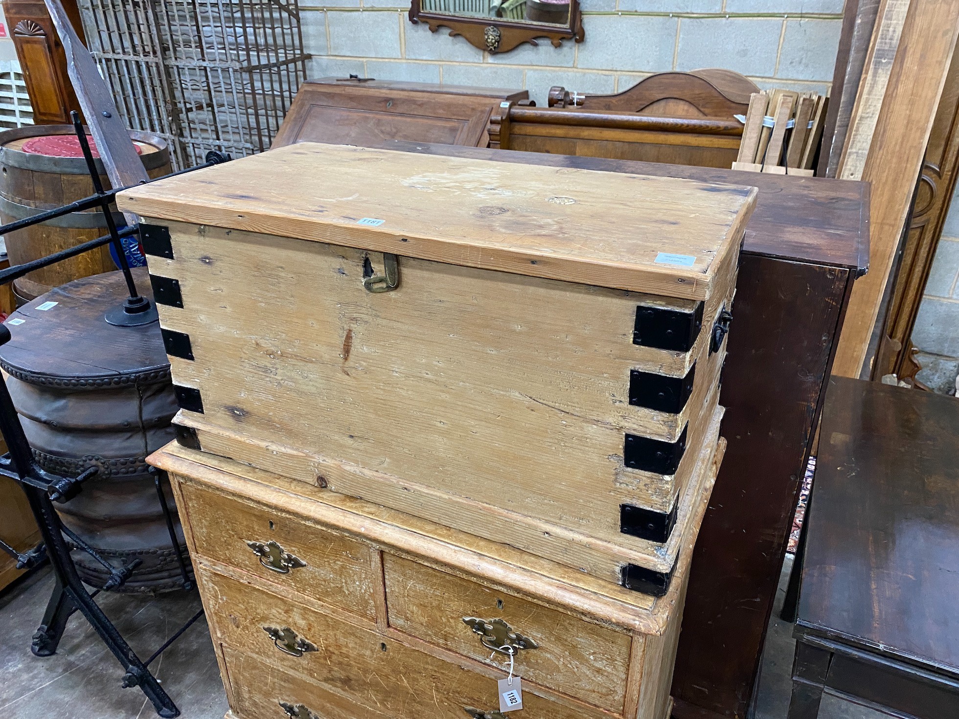 A Victorian iron bound pine trunk, width 84cm, depth 44cm, height 45cm *Please note the sale commences at 9am.